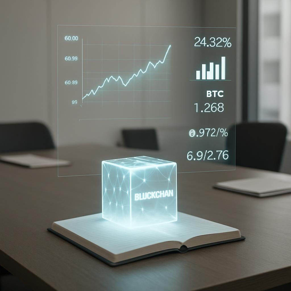 A futuristic representation of cryptocurrency data, featuring a line graph, bar chart, and a glowing, crystal-like cube on...